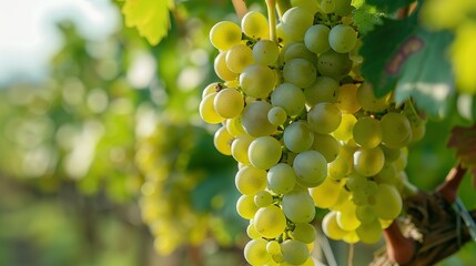 Fototapeta premium Close-up of a Bunch of Green Grapes Hanging on a Vine