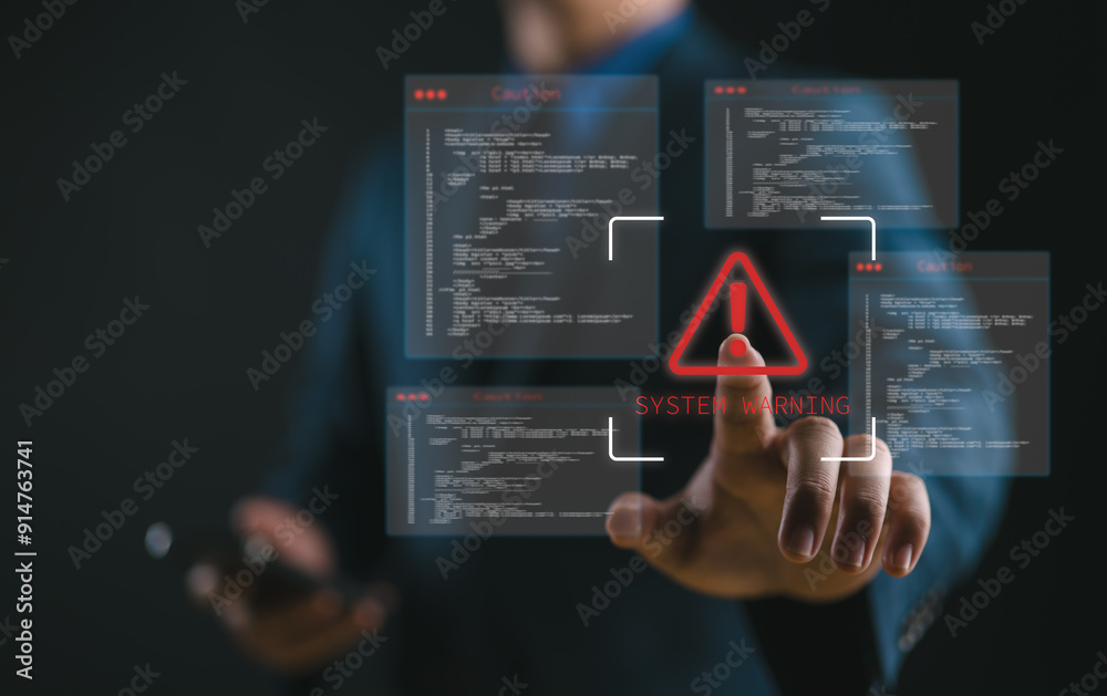 Poster Spam virus with warning caution for notification on internet security protect. Businessman touch warning sign on virtual screen, Ransomware malware attack and data breach.