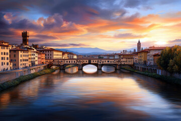 Obraz premium A bridge spans a river in a city with a beautiful sunset in the background. The bridge is surrounded by buildings and trees, creating a picturesque scene