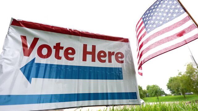 a vote here sign and American flag fluttering