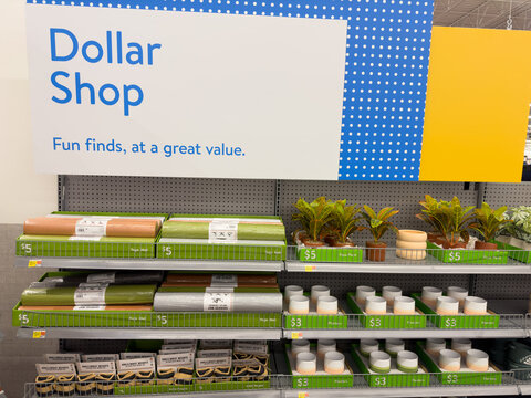 Dollar Shop artificial plants and other related items inside Walmart super center store.