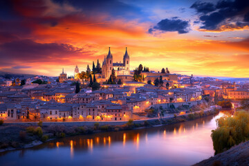 Obraz premium A city with a river running through it and a beautiful sunset in the background. The city is lit up with lights, creating a warm and inviting atmosphere