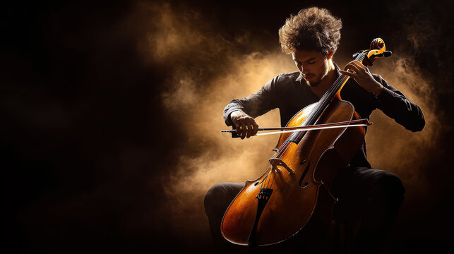 A man playing a cello in a dark room with smoke in the background. Scene is mysterious and dramatic