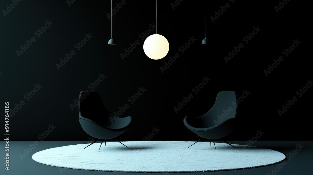 Sticker Modern Minimalist Room with Black Chairs and Pendant Light