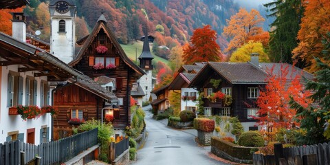 Fototapeta premium Capture a picturesque Swiss village nestled in a valley, surrounded by vibrant autumn foliage.