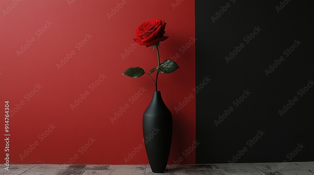 Sticker Stylish Black Vase with Red Rose on Colorful Background