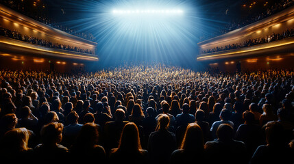 A large crowd of people are sitting in a theater. The audience is watching a performance. Scene is energetic and exciting