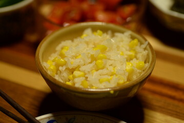 The corn rice is a home-cooked dish in japan.