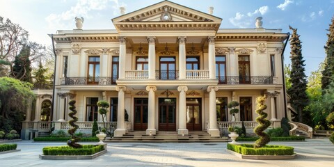 Design a grand, classic European-style luxury villa with elegant columns, large windows, and ornate detailing.
