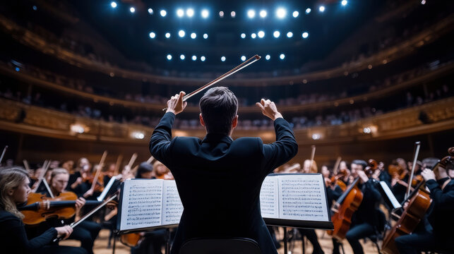 A conductor stands in front of a large orchestra, holding a baton and directing the musicians. The scene is set in a concert hall, with the audience seated and watching the performance