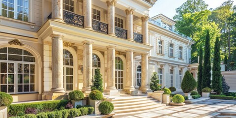 Obraz premium Design a grand, classic European-style luxury villa with elegant columns, large windows, and ornate detailing.