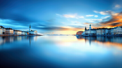 Obraz premium A beautiful blue lake with a city skyline in the background. The sky is a mix of blue and orange, creating a serene and peaceful atmosphere