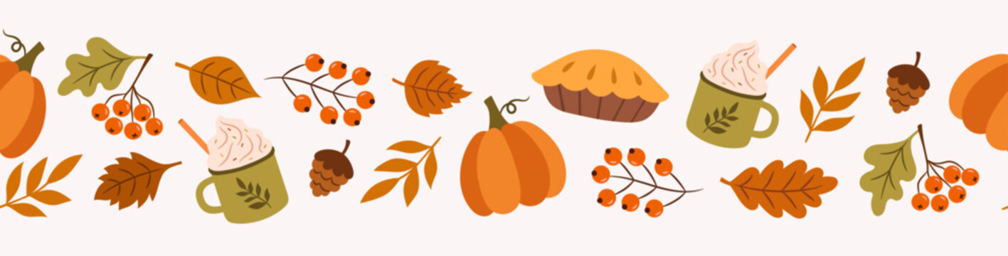 Cozy autumn banner with latte, pie, leaves, pumpkins, leaves, cones