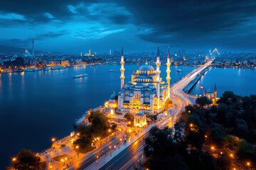 Fototapeta premium A city with a large building and a bridge in the background. The sky is dark and cloudy