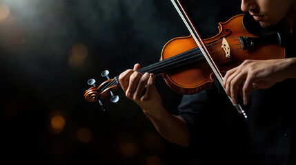 Fototapeta premium A man is playing a violin. Concept of focus and concentration as the man skillfully plays the instrument. The dark background and the presence of the violin in the foreground create a sense of depth