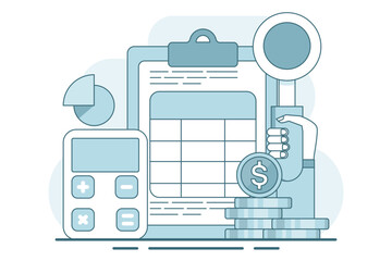 concept of calculating business profits, analyzing business data, calculating budgets, profits and losses, generating report graphs from data, calculator with spreadsheet creation reports. vector.