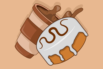 Sweet food and drink concept. Disposable Donuts And Coffee Cups. Coffee Cup and Donut Icon. Coffee or tea to take home or deliver food concept. Vector illustration isolated on background.