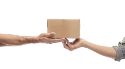 Delivery man hand handling package to customer hand on transparent background