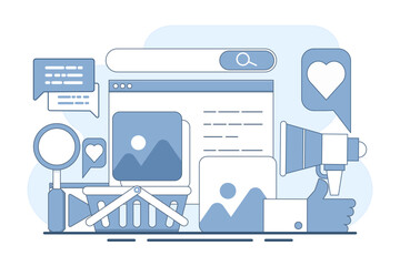 Social media Advertising concept, Social media marketing, Digital content marketing flat illustration, Social media marketing, Content strategy marketing, Use of social media. flat vector illustration