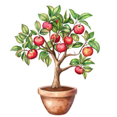 red apple tree in pot illustration isolated on transparent white background, clipping path