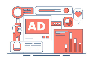 Social media analysis concept, Monitoring content performance on social media, Advertising campaign analysis report with graphs and charts, flat vector illustration on background.