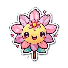 Cute Cartoon Pink Flower With Smiling Yellow Face on White Background