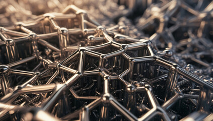  3D rendering of a dense network of interlocking metallic shapes, perfect for science, technology, or industrial visuals.