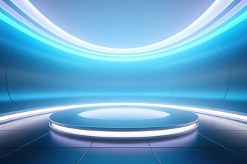 Futuristic blue circular stage with glowing lights.