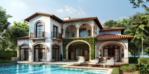 Design a luxurious Mediterranean-style villa with stucco walls, terracotta roof tiles, and arched doorways.