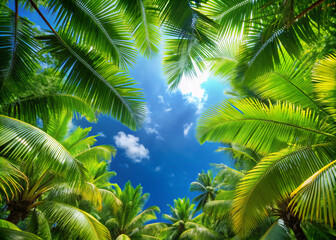 Fototapeta premium treepalm, tree, tropical, sky, nature, coconut, palm tree, green, leaf, beach, summer, leaves, plant, travel, vacation, exotic, island, sun, outdoors, blue, resort, climate, branch, caribbean, palms