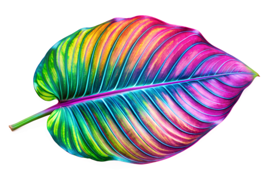Neon color tropical leaf isolated on the transparent PNG background