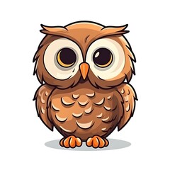 Cartoon Brown Owl With Big Eyes Standing on White Background