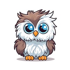 Fototapeta premium A Cute Cartoon Owl With Big Blue Eyes Stands Against a White Background