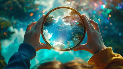 Dreamer holding a mirror reflecting the cosmos, introspective style