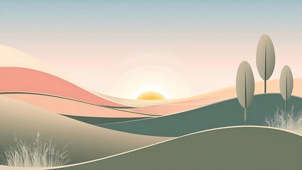 Sunrise over hills, two trees, grass, soft colors, Suitable for naturethemed websites or blogs, inspirational quotes, backgrounds for presentations or social media posts.