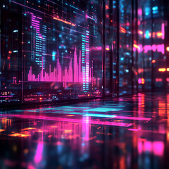 Futuristic financial environment with the Taylor Rule projected as a holographic graph, vibrant colors, cyberpunk style, high-detail 3D rendering.