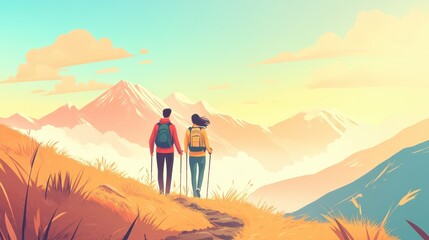 A couple enjoys a scenic mountain hike, surrounded by vibrant nature and breathtaking landscapes during a serene sunset.