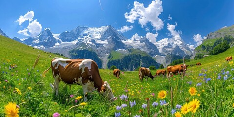 Depict a wide-angle view of summer pastures with cows grazing peacefully, set against a stunning panorama of the Swiss Alps.