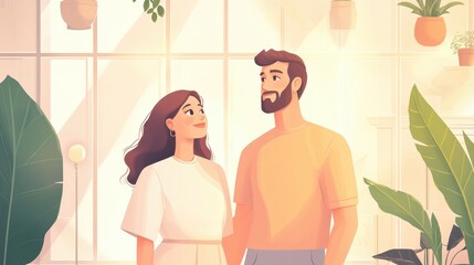 A couple gazes affectionately at each other in a bright, plant-filled room, capturing a moment of love and connection.