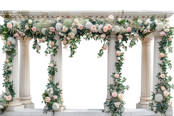 A white archway with flowers and greenery is set against a white background