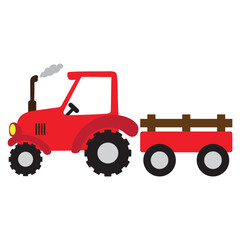 Naklejka premium Red farm tractor and wagon vector cartoon illustration