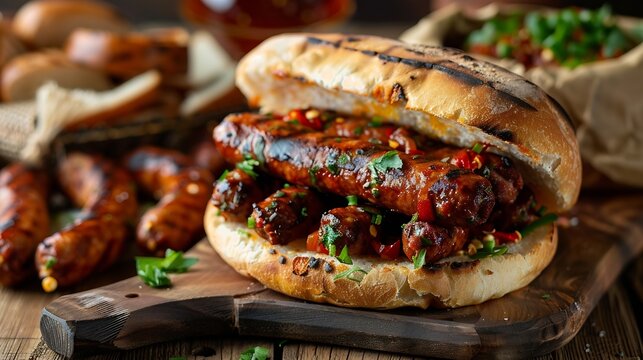 Chilean and Argentinian food Traditional choripan with spicy pebre chorizo sandwich with chorizo sausages and bread : Generative AI