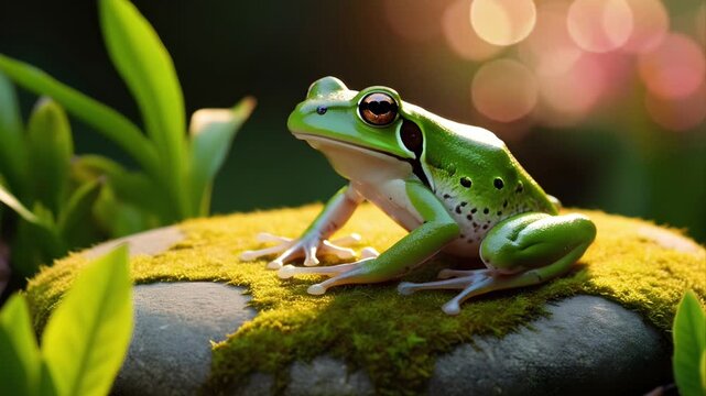 A green frog on a rock with a natural bokeh effect background. Seamless 4K looping timelapse video animation generated AI