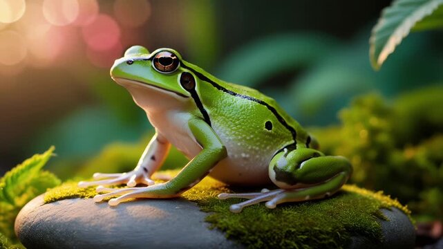 A green frog on a rock with a natural bokeh effect background. Seamless 4K looping timelapse video animation generated AI