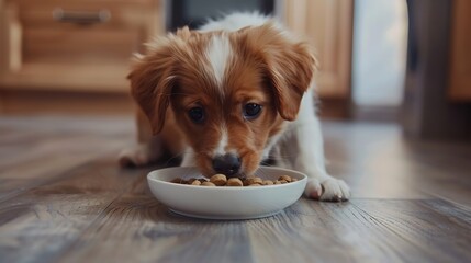 Dog eating dry food from a white bowl on the floor in kitchen Hungry dog Animal feeding and pet care : Generative AI