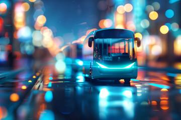 Futuristic Electric Bus on a Vibrant City Street at Night with Colorful Bokeh Lights