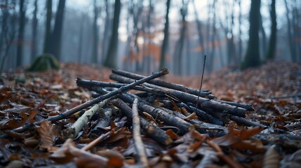 Obraz premium small sticks lie on the forest floor : Generative AI