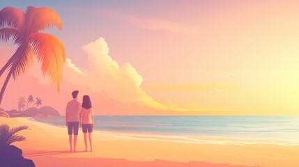 Fototapeta premium A romantic couple embracing on a serene beach at sunset, surrounded by palm trees and gentle waves, perfect for love-themed projects.
