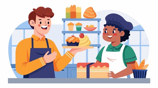 Building customer loyalty through exceptional service and delicious food. A deli/bakery associate interacting with a satisfied customer, emphasizing the impact of positive customer experiences