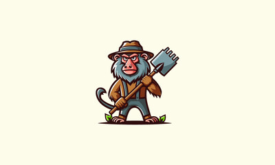Naklejka premium monkey character holding a hoe vector illustration mascot design